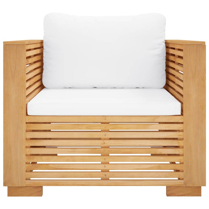 sofastol til haven med cremefarvede hynder massivt teak