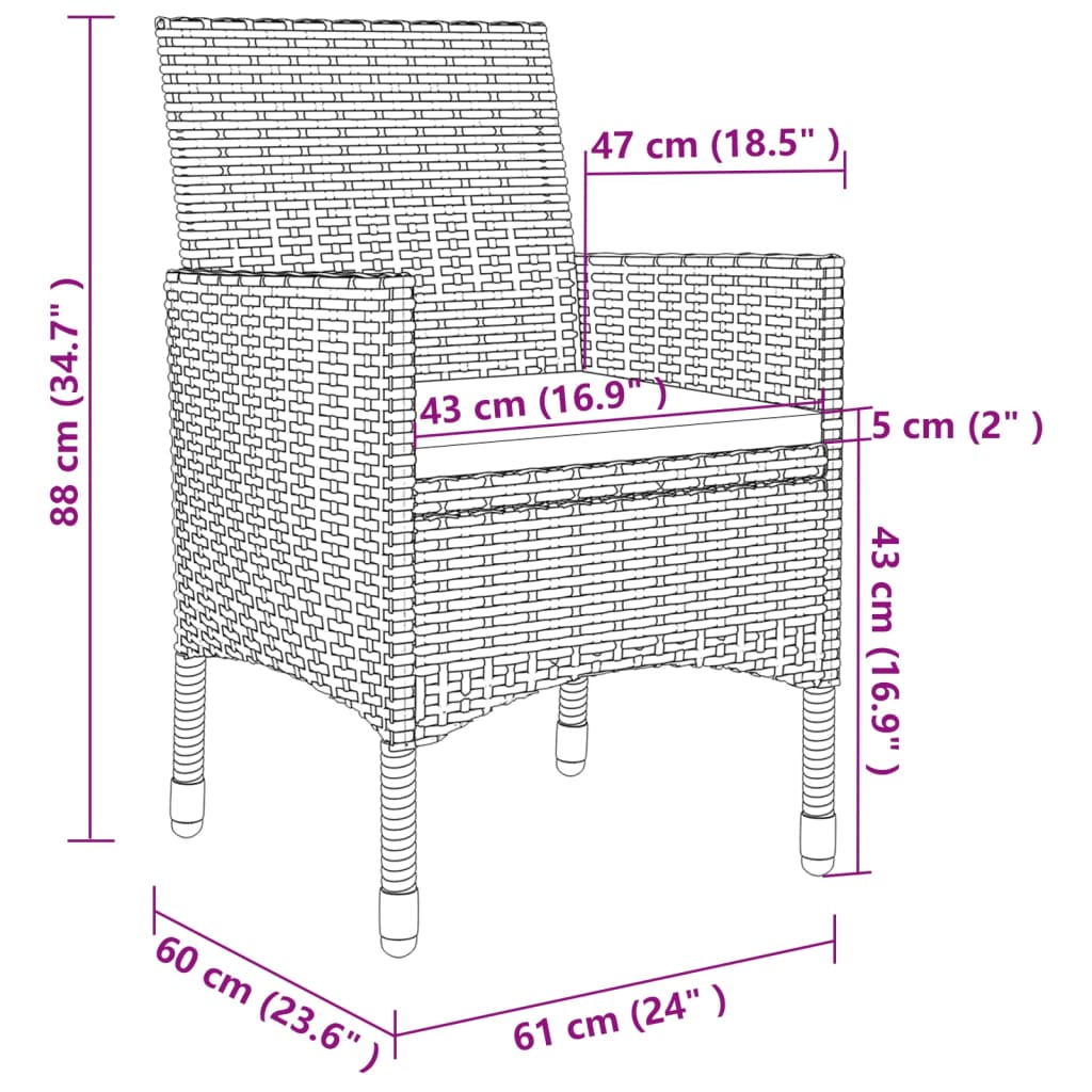 spisebordssæt til haven 3 dele med hynder polyrattan og glas