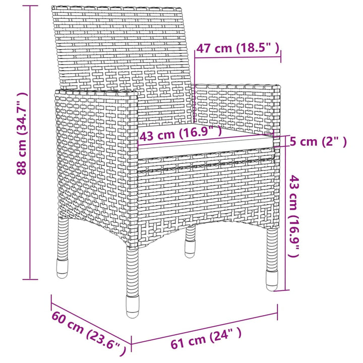 spisebordssæt til haven 3 dele med hynder polyrattan og glas