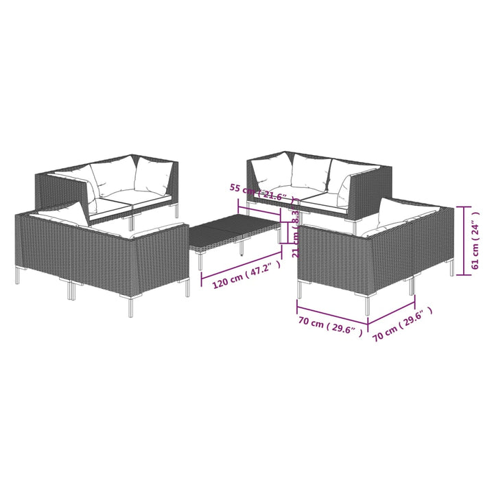 loungesæt til haven 9 dele med hynder polyrattan mørkegrå
