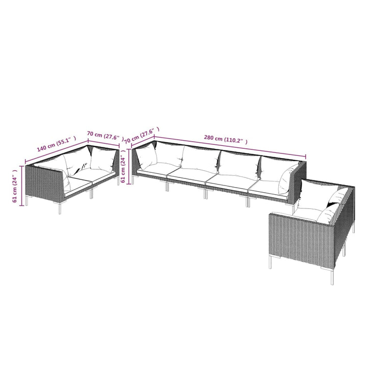 loungesæt til haven 8 dele med hynder polyrattan mørkegrå