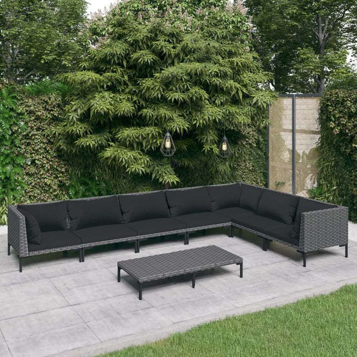 loungesæt til haven 8 dele med hynder polyrattan mørkegrå