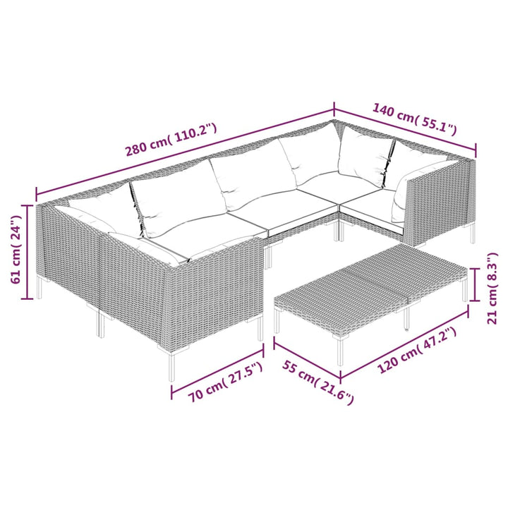 loungesæt til haven 7 dele med hynder polyrattan mørkegrå