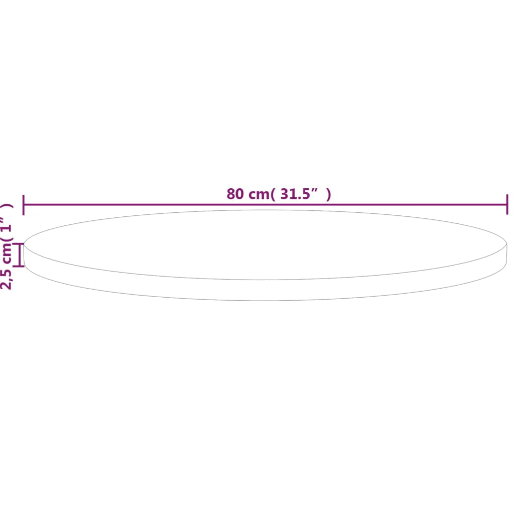 rund bordplade Ø80x2,5 cm ubehandlet massivt egetræ
