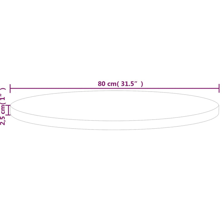 rund bordplade Ø80x2,5 cm ubehandlet massivt egetræ