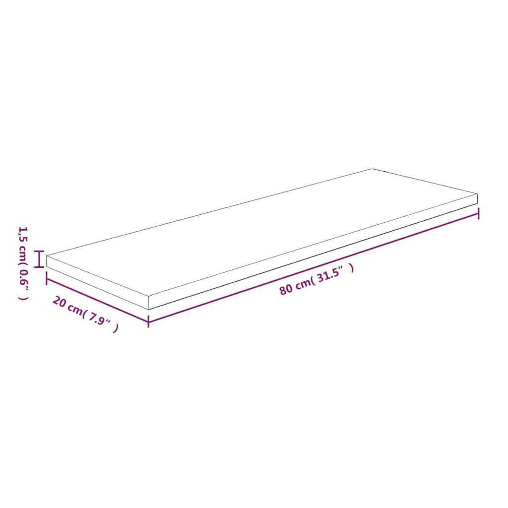 hyldeplade 80x20x1,5 cm ubehandlet massivt egetræ