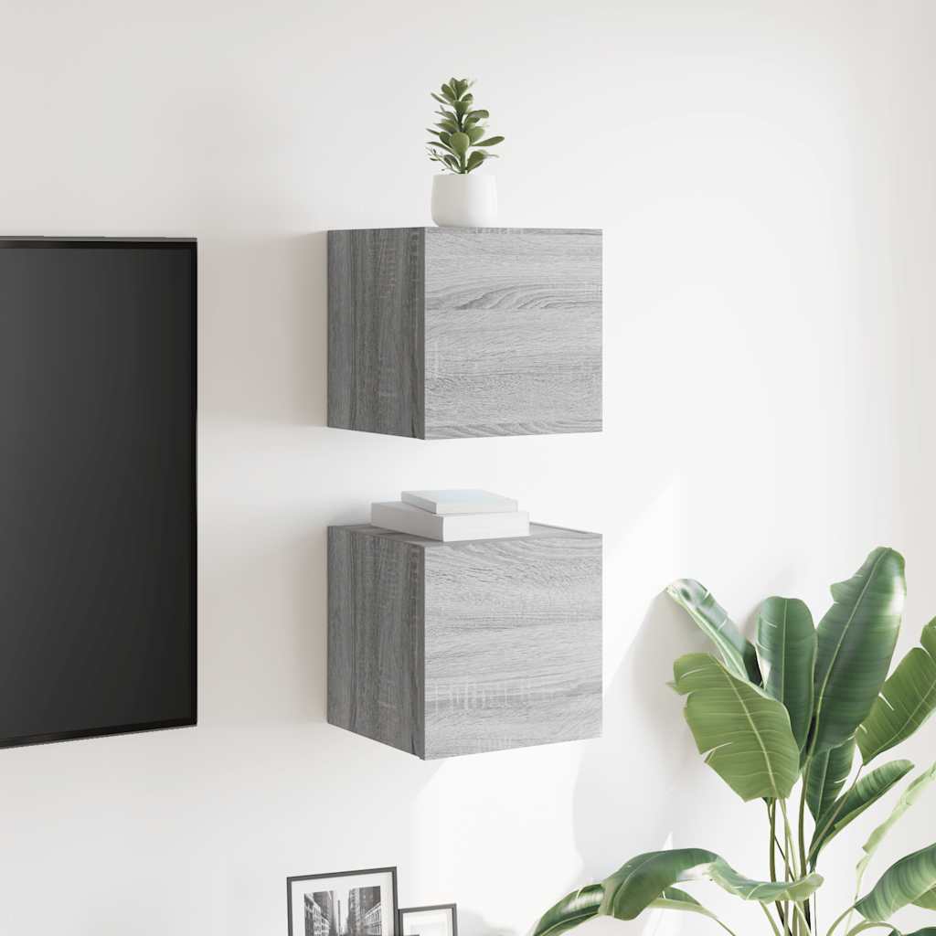 væghængtee tv-skab 2 stk. 30,5x30x30 cm grå og sonoma-eg