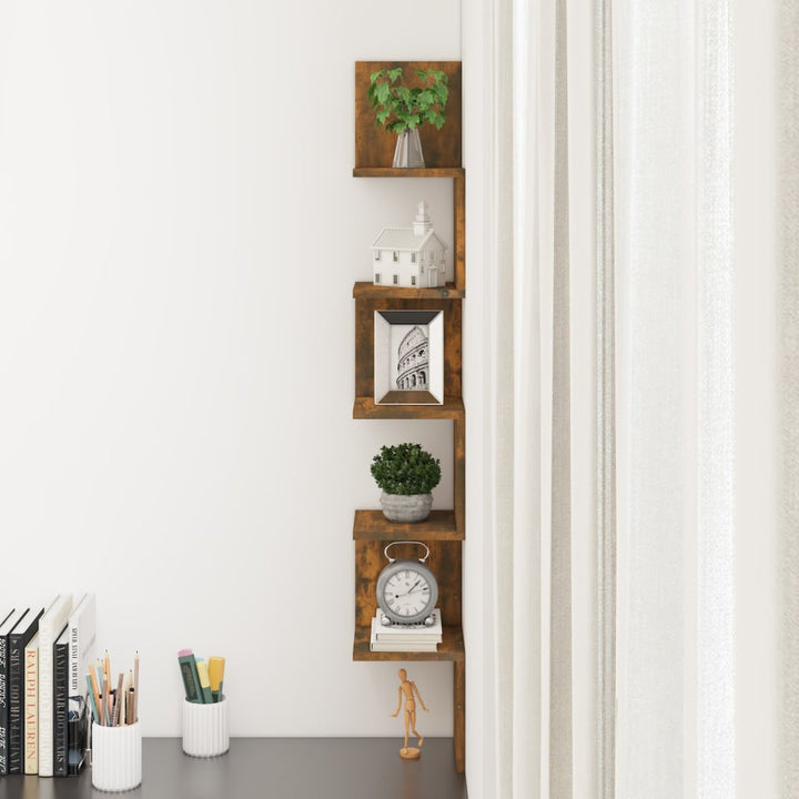 væghængt hjørnehylde 20x20x127,5 cm konstrueret træ røget eg
