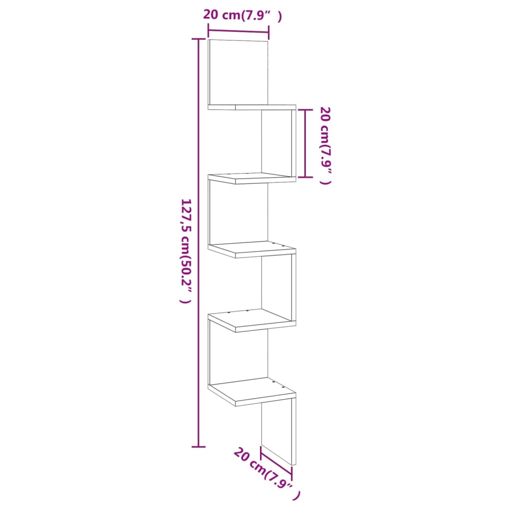 væghængt hjørnehylde 20x20x127,5 cm konstrueret træ røget eg