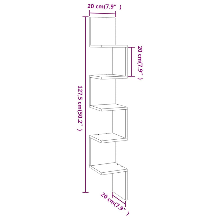 væghængt hjørnehylde 20x20x127,5 cm konstrueret træ røget eg