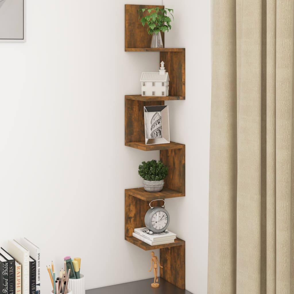 væghængt hjørnehylde 20x20x127,5 cm konstrueret træ røget eg