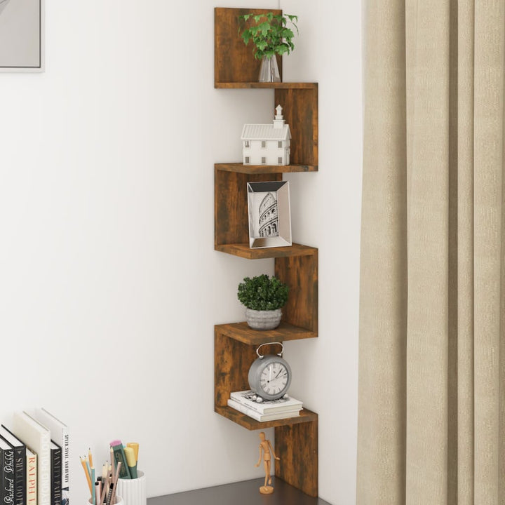 væghængt hjørnehylde 20x20x127,5 cm konstrueret træ røget eg