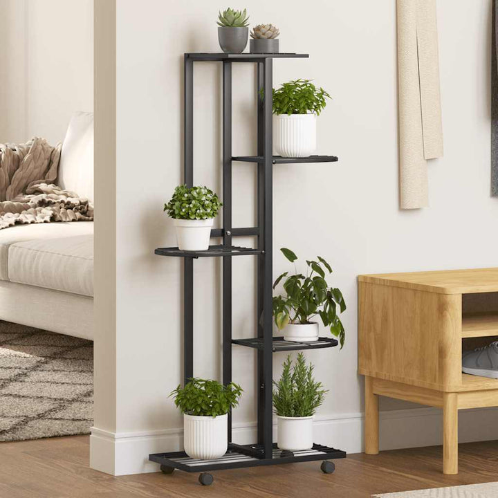 blomsterstativ 5 niveauer med hjul 44x23x100 cm jern sort