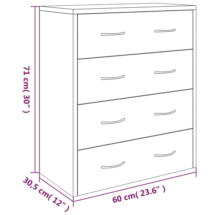 skænk med 4 skuffer 60x30,5x71 cm hvid højglans