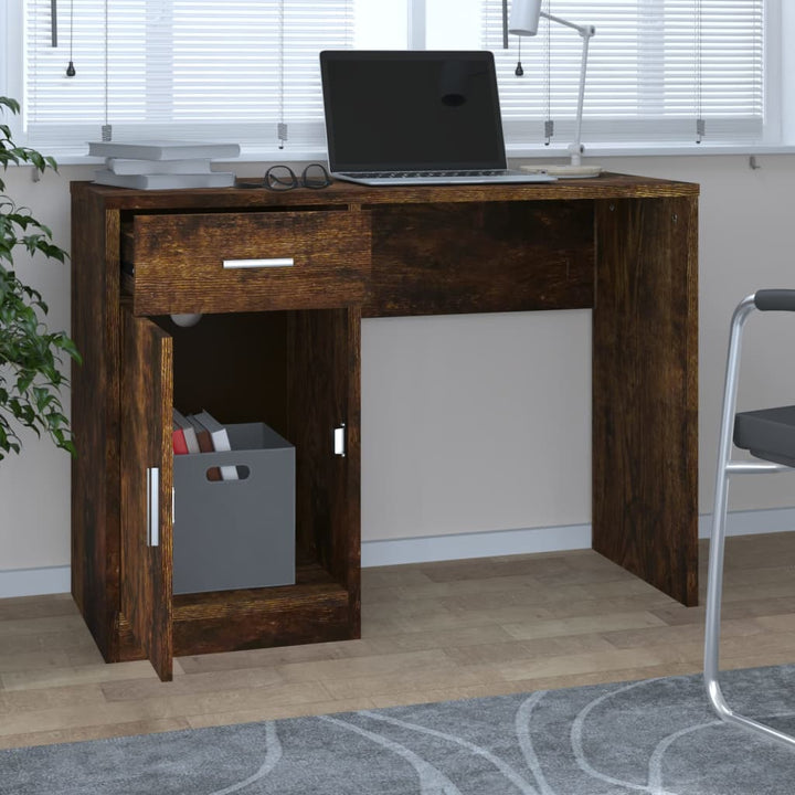 skrivebord med skab 100x40x73 cm konstrueret træ røget egetræ
