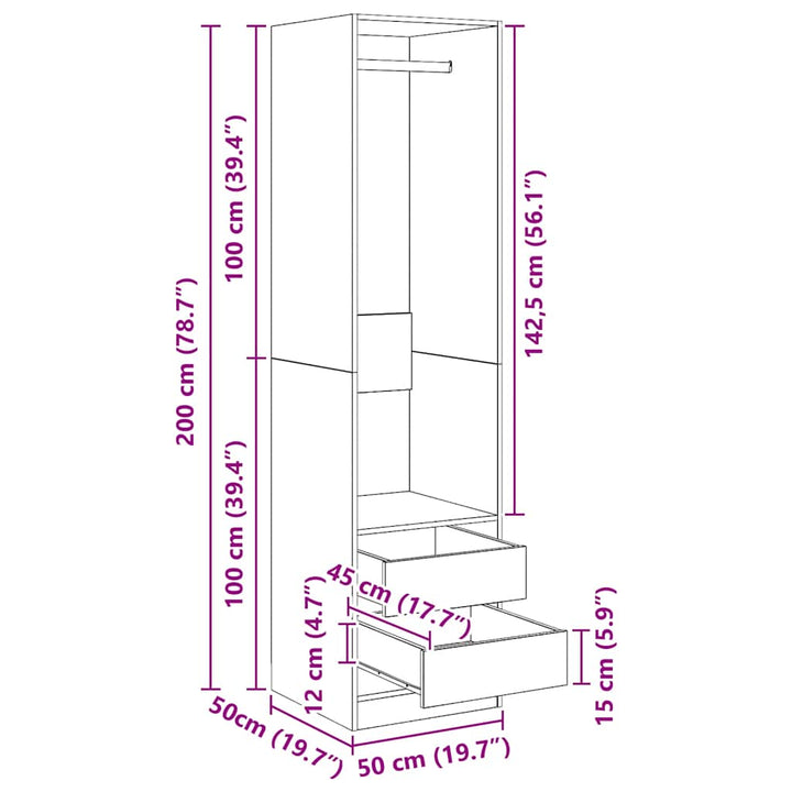 klædeskab med skuffer 50x50x200 cm konstrueret træ røget egetræ