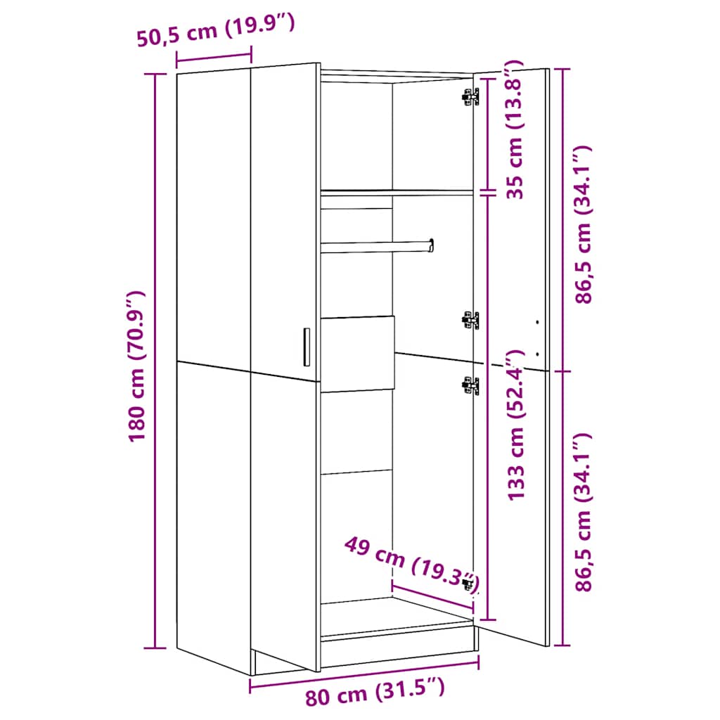 klædeskab 80x52x180 cm konstrueret træ røget egetræsfarve