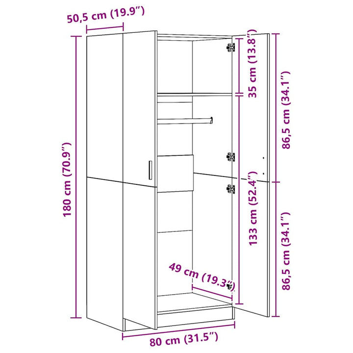 garderobeskab 80x52x180 cm konstrueret træ grå sonoma-eg