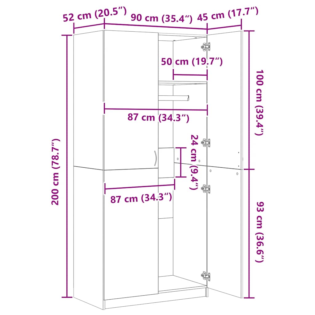 klædeskab 90x52x200 cm konstrueret træ røget egetræsfarve
