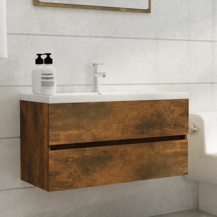 badeværelsesskab 90x38,5x45 cm konstrueret træ røget egetræ