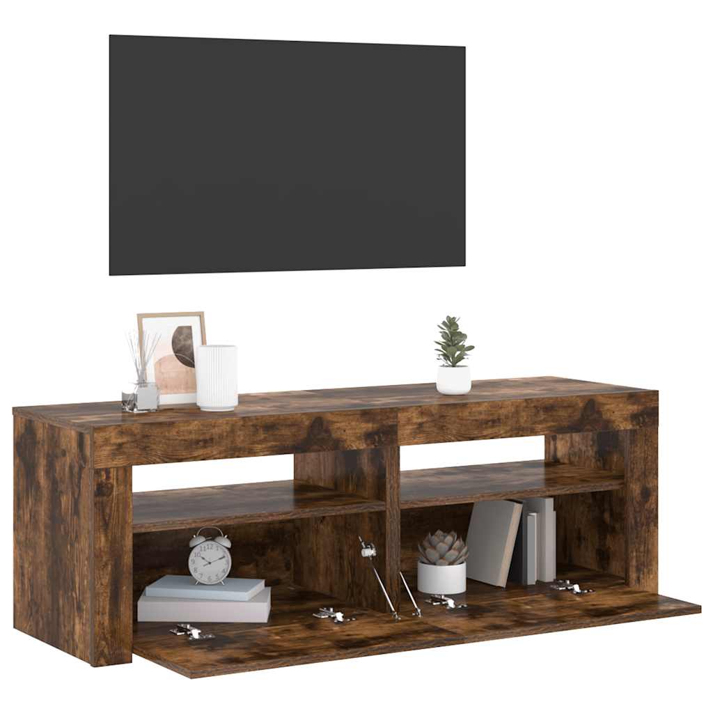tv-bord med LED-lys 120x35x40 cm røget egetræsfarve