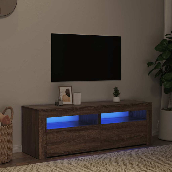 tv-bord med LED-lys 120x35x40 cm brun egetræsfarve