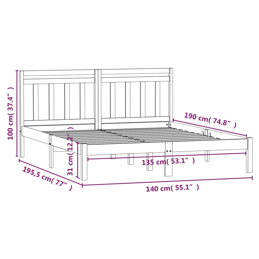 sengeramme 135x190 cm dobbelt massivt træ hvid