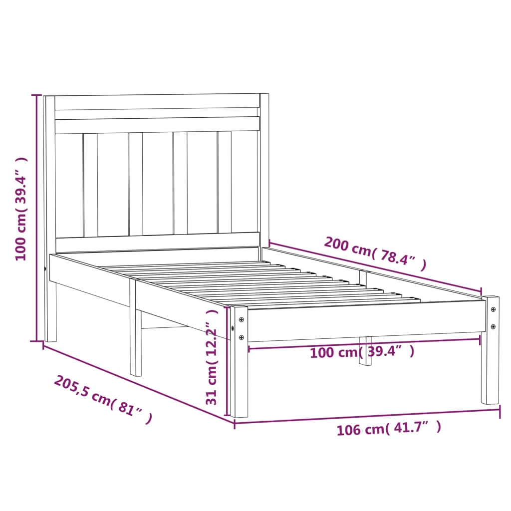 sengeramme 100x200 cm massivt fyrretræ hvid