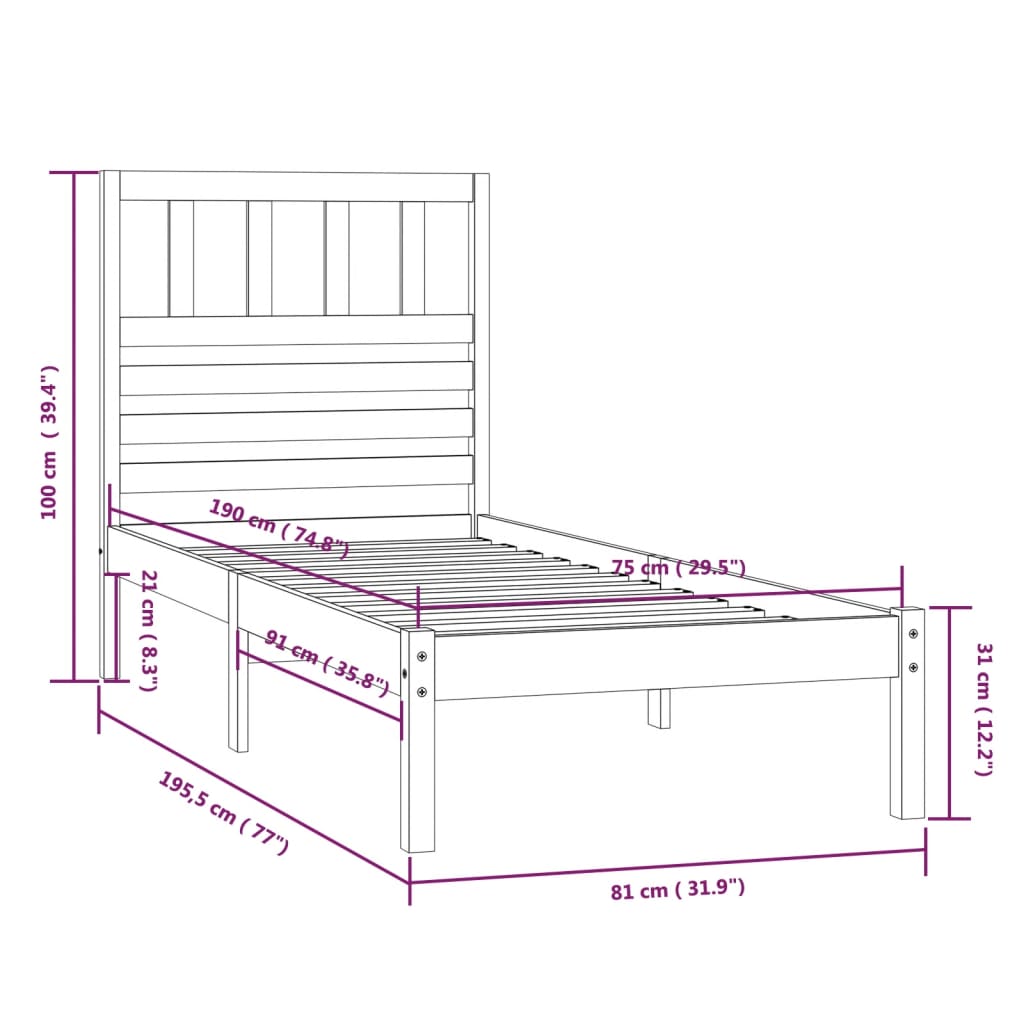 sengeramme uden madras 75x190 cm massivt fyrretræ hvid
