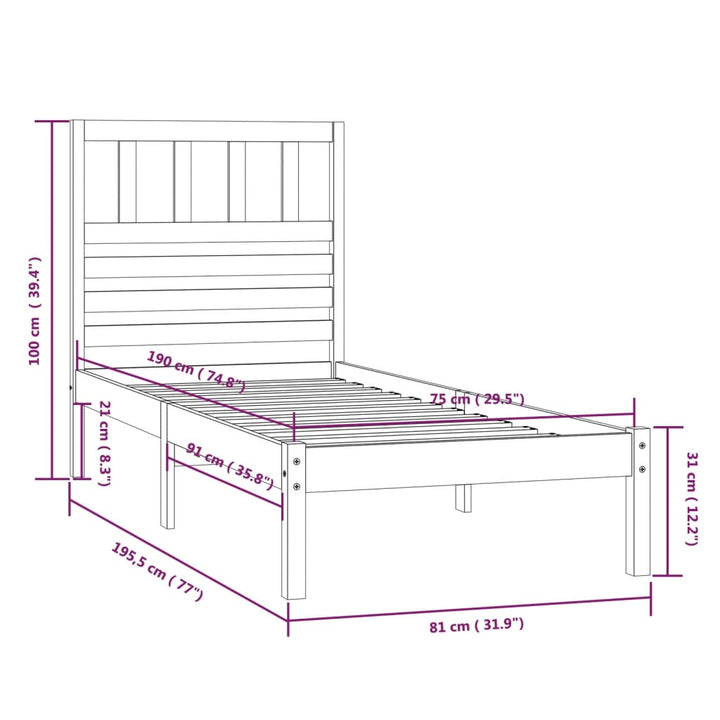 sengeramme uden madras 75x190 cm massivt fyrretræ hvid