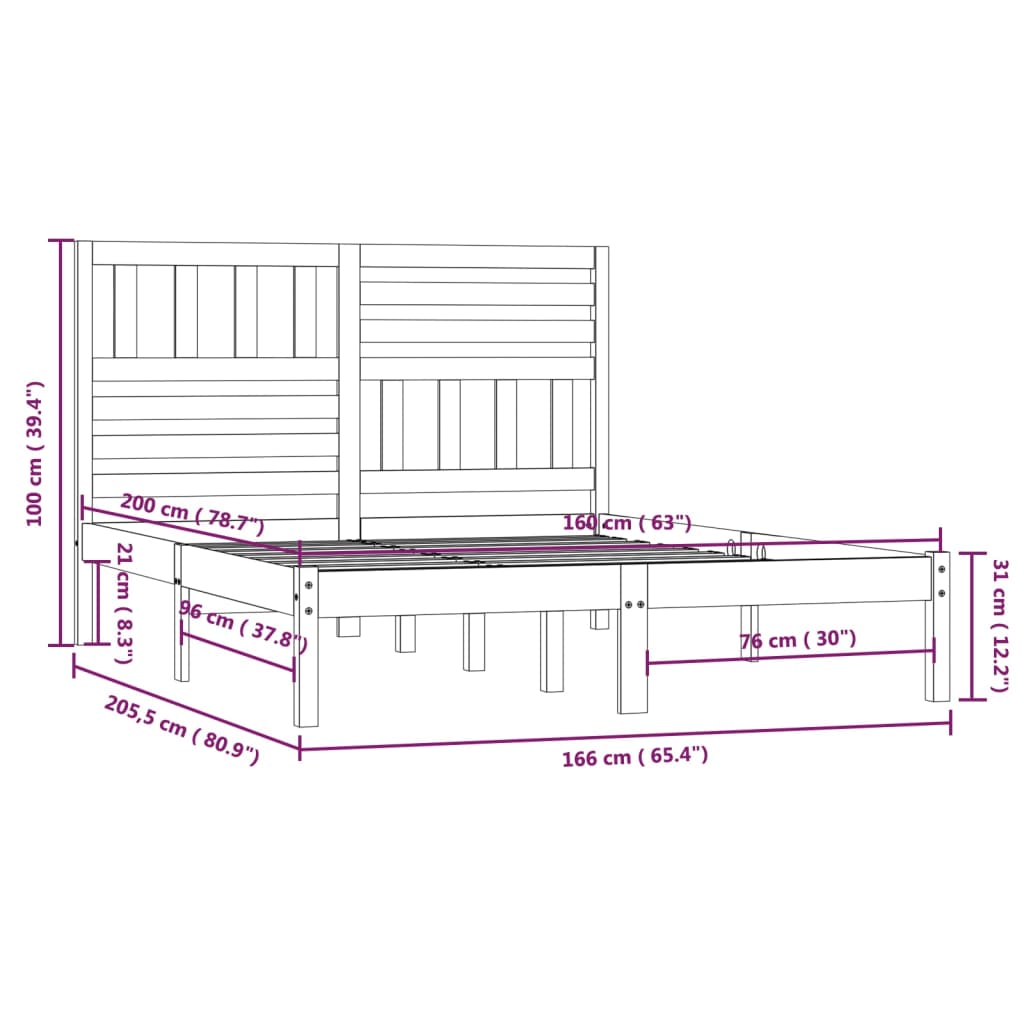 sengeramme 160x200 cm King Size massivt fyrretræ hvid
