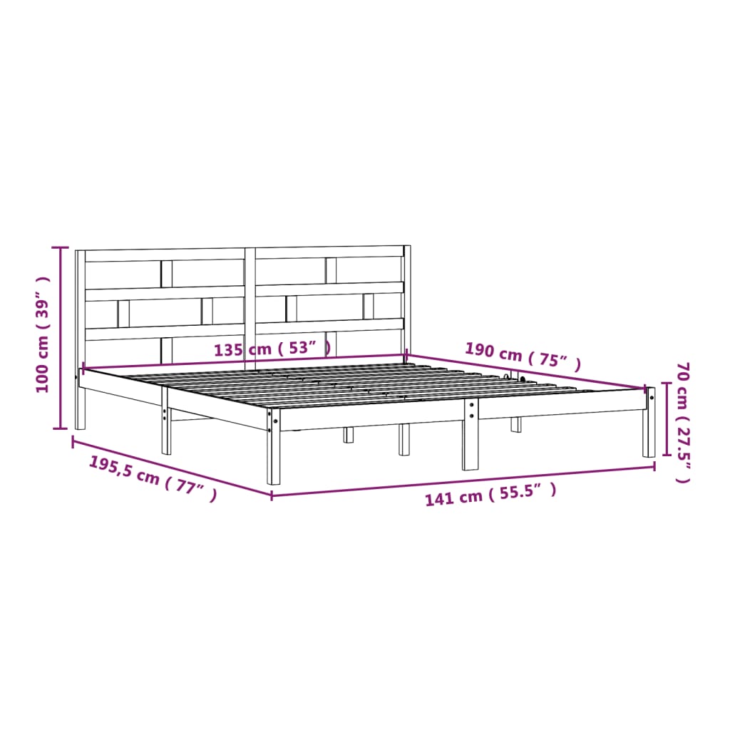 sengeramme 135x190 cm dobbelt massivt træ sort