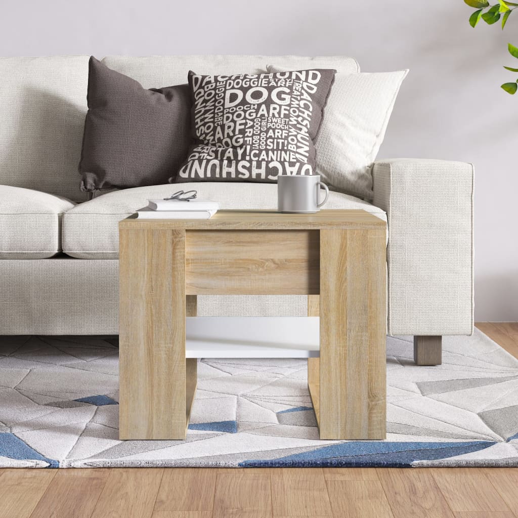 sofabord 55,5x55x45 cm konstrueret træ hvid og sonoma-eg