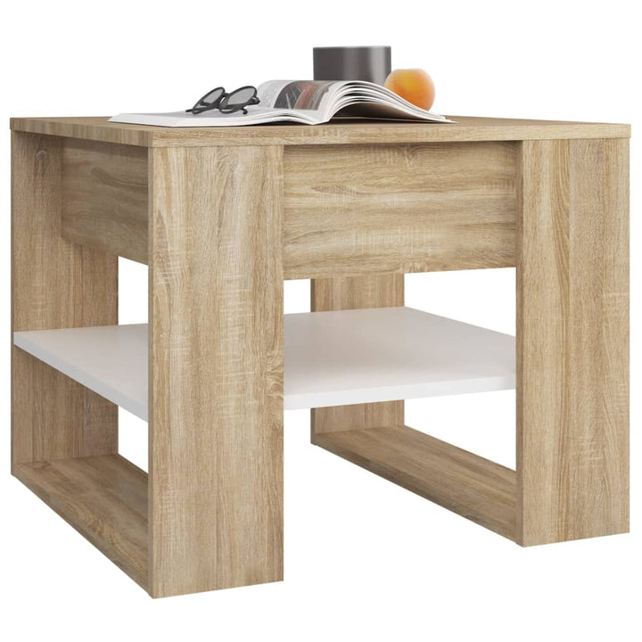sofabord 55,5x55x45 cm konstrueret træ hvid og sonoma-eg