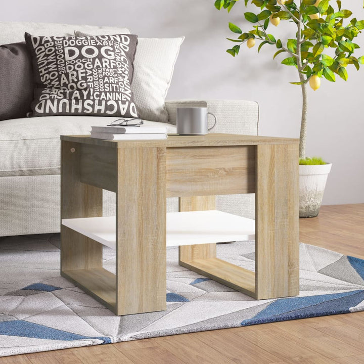 sofabord 55,5x55x45 cm konstrueret træ hvid og sonoma-eg