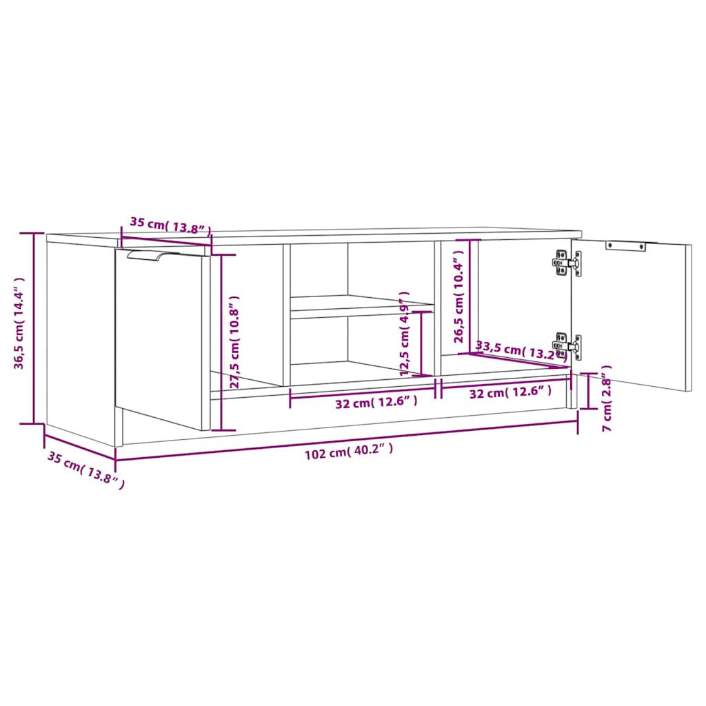 tv-bord 102x35x36,5 cm konstrueret træ hvid