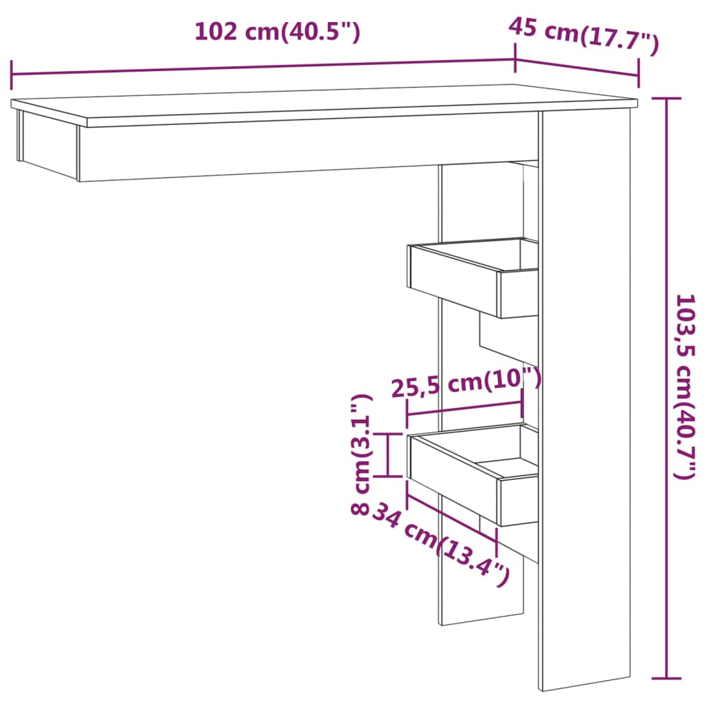 væghængt barbord 102x45x103,5 cm konstrueret træ hvid højglans