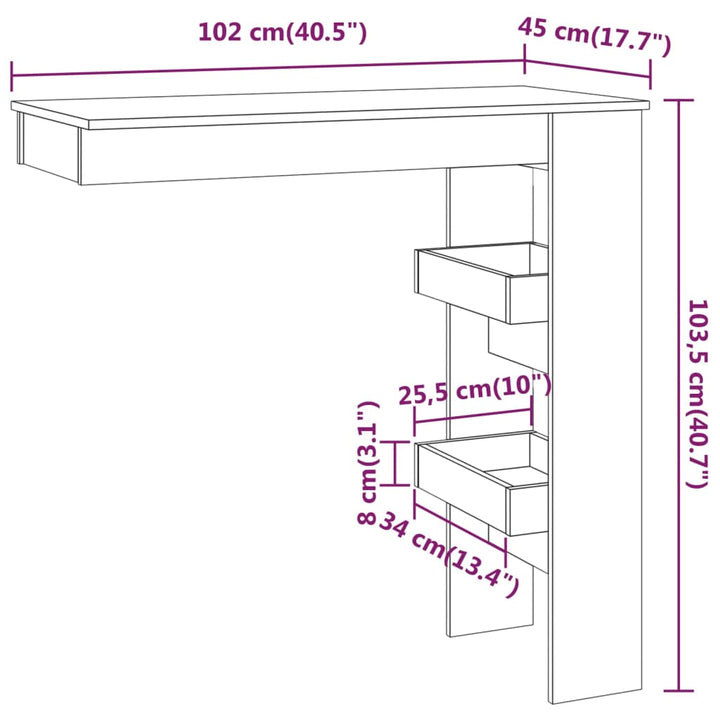 væghængt barbord 102x45x103,5 cm konstrueret træ hvid højglans
