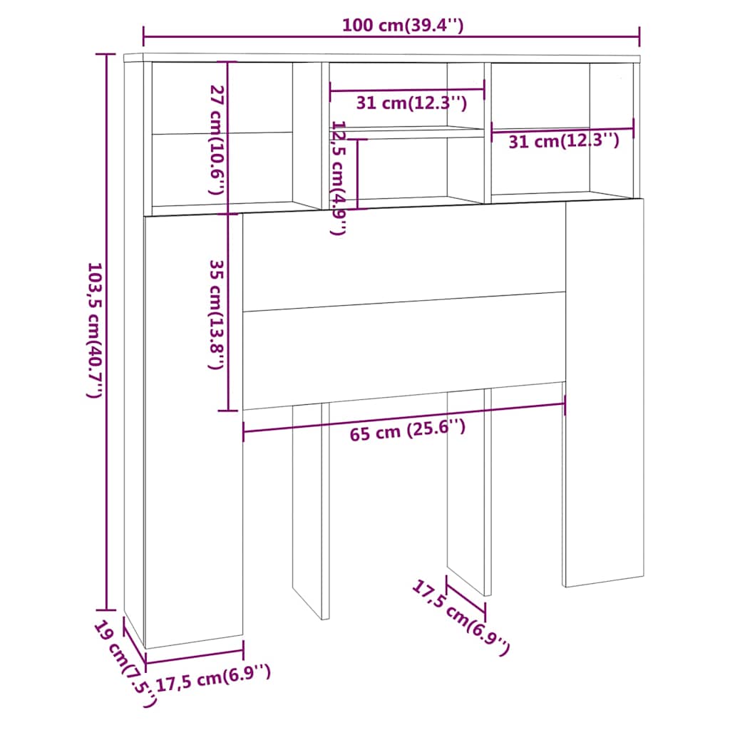 sengegavl med opbevaring 100x19x103,5 cm betongrå
