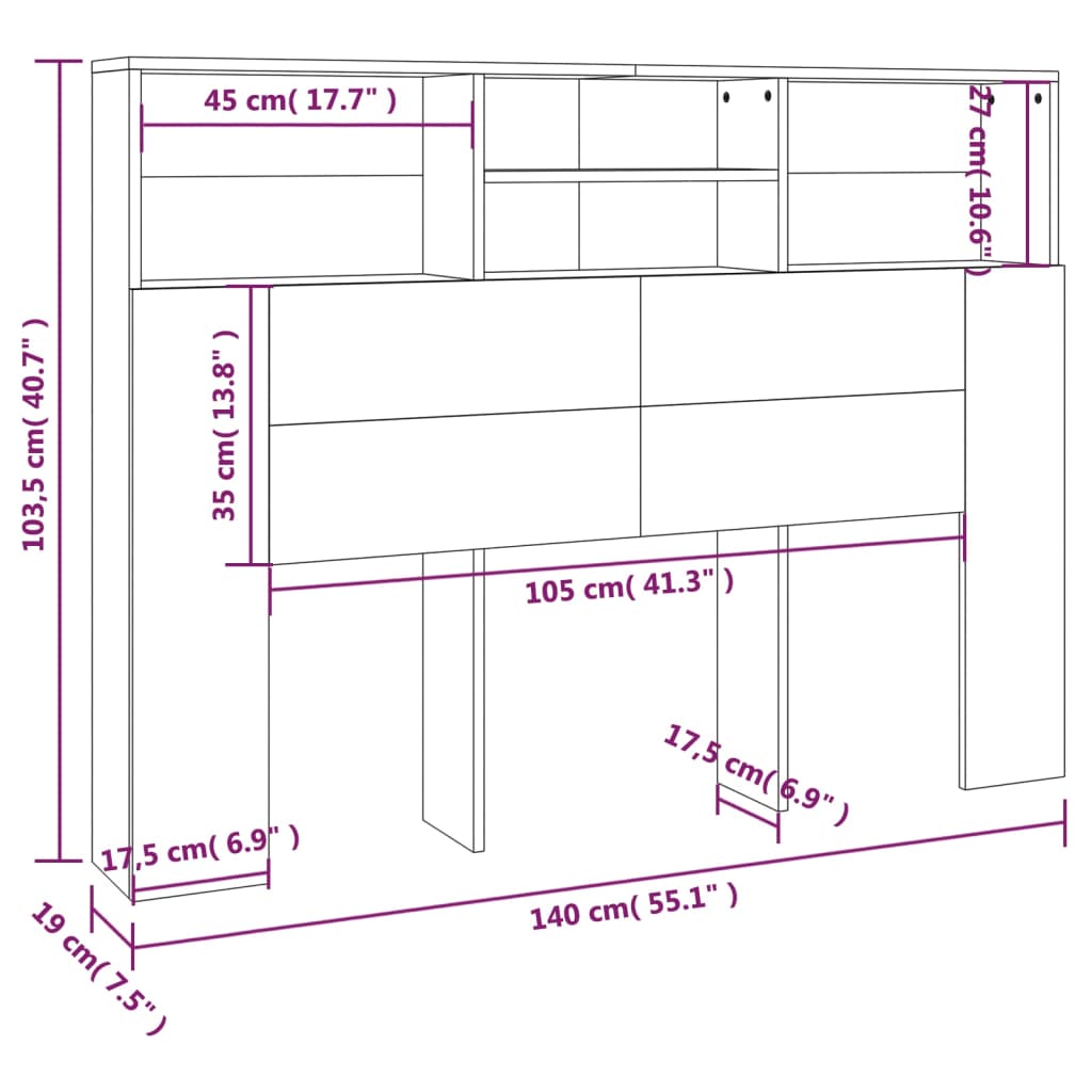 sengegavl med opbevaring 140x19x103,5 cm betongrå