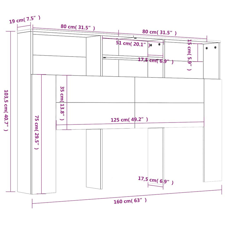 sengegavl med opbevaring 160x19x103,5 cm betongrå