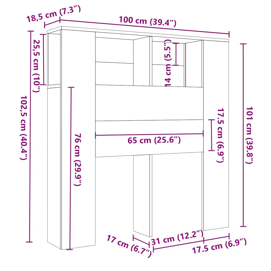 sengegavl med opbevaring 100x18,5x102,5 cm grå sonoma-eg