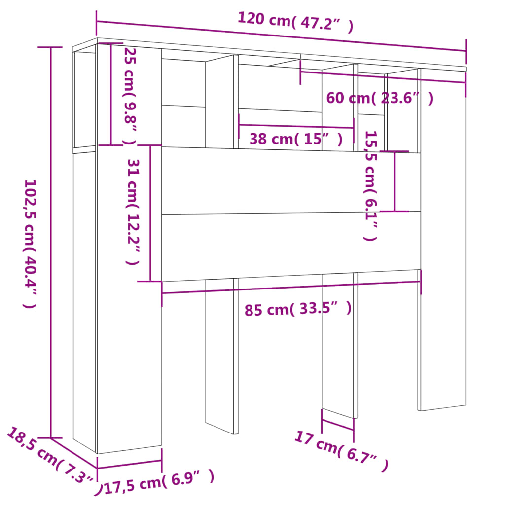 sengegavl med opbevaring 120x18,5x102,5 cm røget egetræsfarve