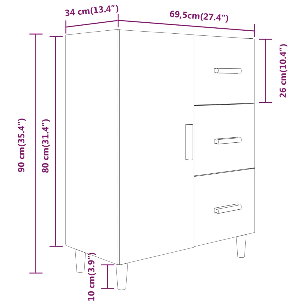 skænk 69,5x34x90 cm konstrueret træ hvid