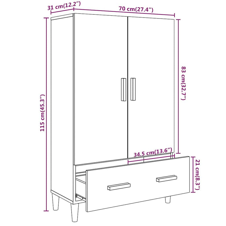 skab 70x31x115 cm konstrueret træ hvid