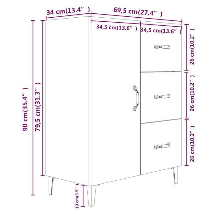 skænk 69,5x34x90 cm konstrueret træ røget egetræsfarve