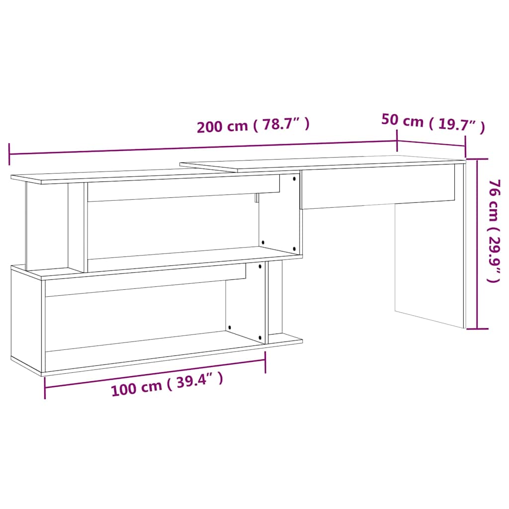 hjørneskrivebord 200x50x76 cm konstrueret træ brun egetræsfarve