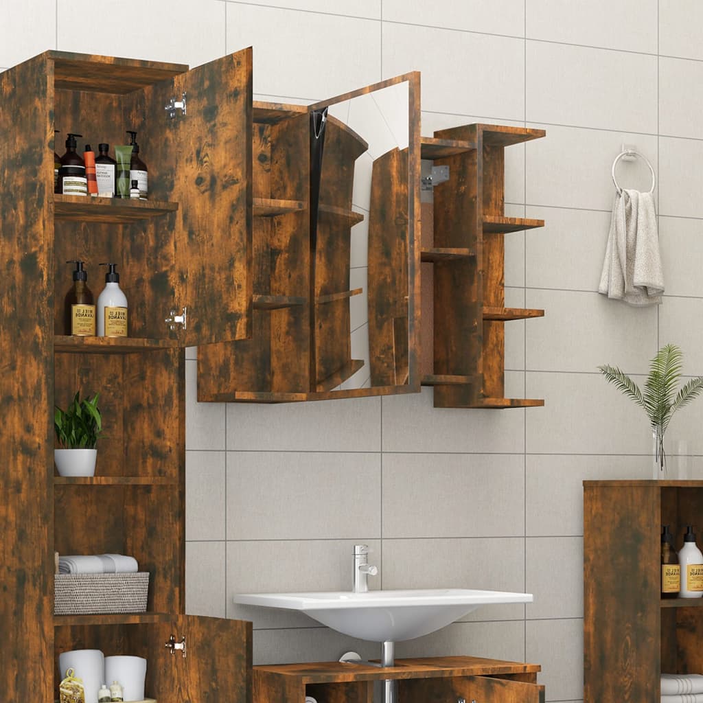 badeværelsesskab + spejl 80x20,5x64 cm konstrueret træ røget eg