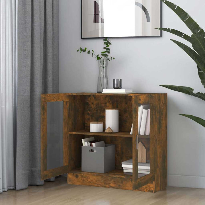 vitrineskab 82,5x30,5x80 cm konstrueret træ røget egetræ