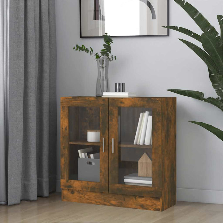 vitrineskab 82,5x30,5x80 cm konstrueret træ røget egetræ